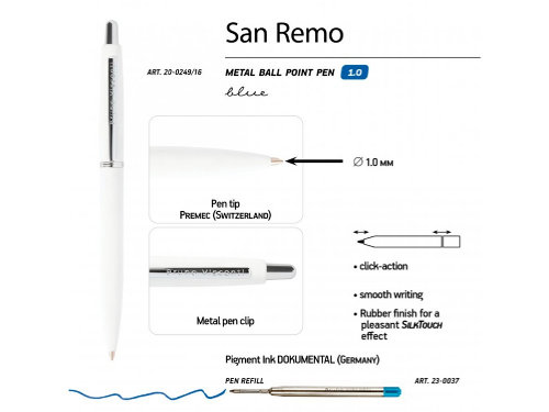 Ручка SAN REMO шариковая, автоматическая, белый металлический корпус 1.00 мм, синяя