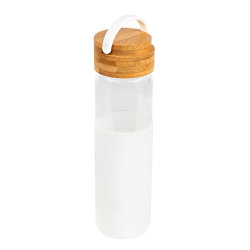 Бутылка стеклянная с силиконовой манжетой и бамбуковой крышкой  Glass, белая